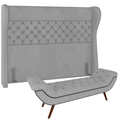 Kit Cabeceira Cama Box Casal 140cm Madrid com Puff Recamier Estofado Veludo Cinza