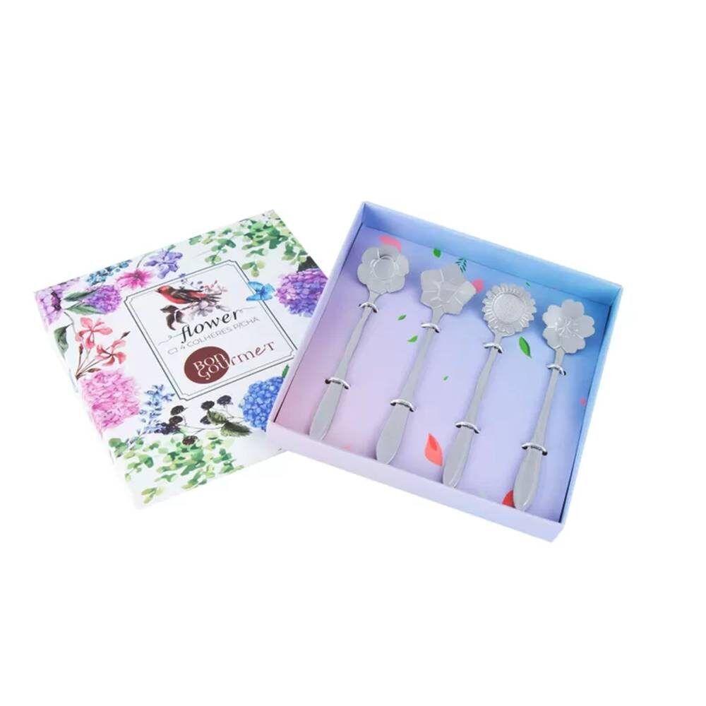 Conjunto 4 Colheres Aço Inox Para Chá Flores Prateada - 6