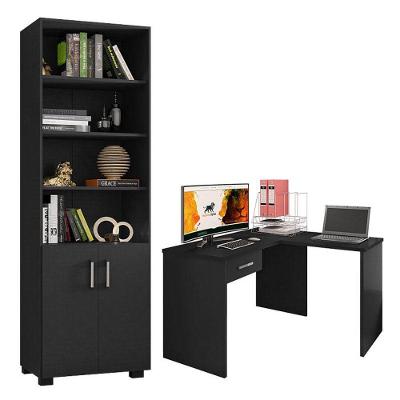 Mesa Para Computador Gávea Com Gaveta E Extensora E Livreiro Office Com Portas Pequenas Preto Trama