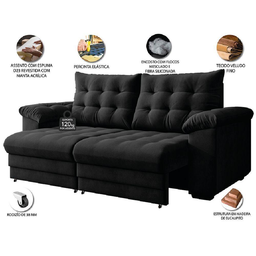 Sofá Retrátil E Reclinável Bipartido 3 Lugares Suede Veludo Coliseu Selmer Preto - 3
