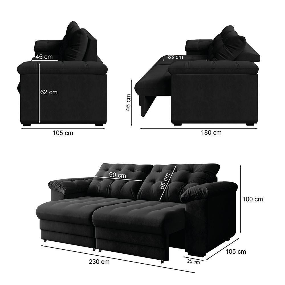 Sofá Retrátil E Reclinável Bipartido 3 Lugares Suede Veludo Coliseu Selmer Preto - 5