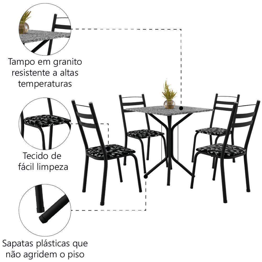 Conjunto Sala De Jantar Mesa Thais Com 4 Cadeiras 0,70m Granito Ocre Preto floral Artefamol - 3