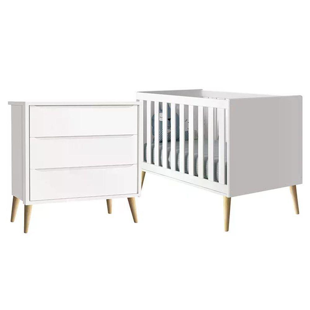 Jogo De Quarto Infantil Berço Branco Fosco Com Pés Madeira Natural - Reller Móveis Branco Fosco - 1