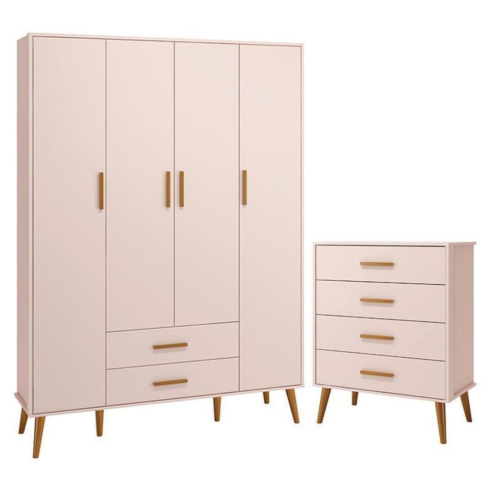 Jogo De Quarto Infantil Isis Guarda Roupa 4 Portas E Cômoda 4 Gavetas Rosa - Reller Móveis Rosa - 1