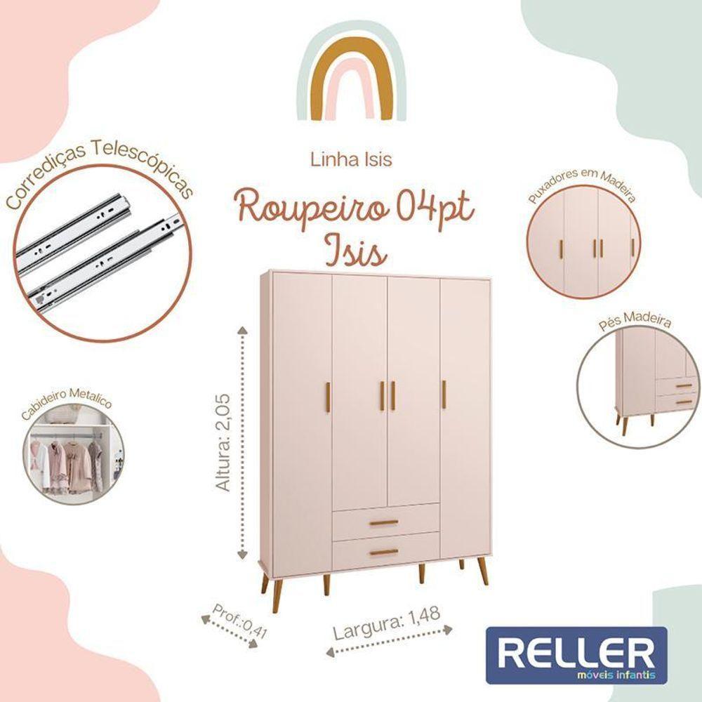 Jogo De Quarto Infantil Isis Guarda Roupa 4 Portas E Cômoda 4 Gavetas Rosa - Reller Móveis Rosa - 4
