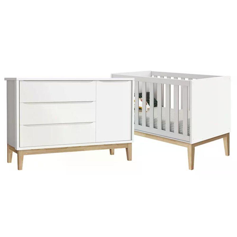 Jogo De Quarto Classic Berço Branco Fosco Com Pés Madeira Natural - Reller Móveis Branco Fosco - 1