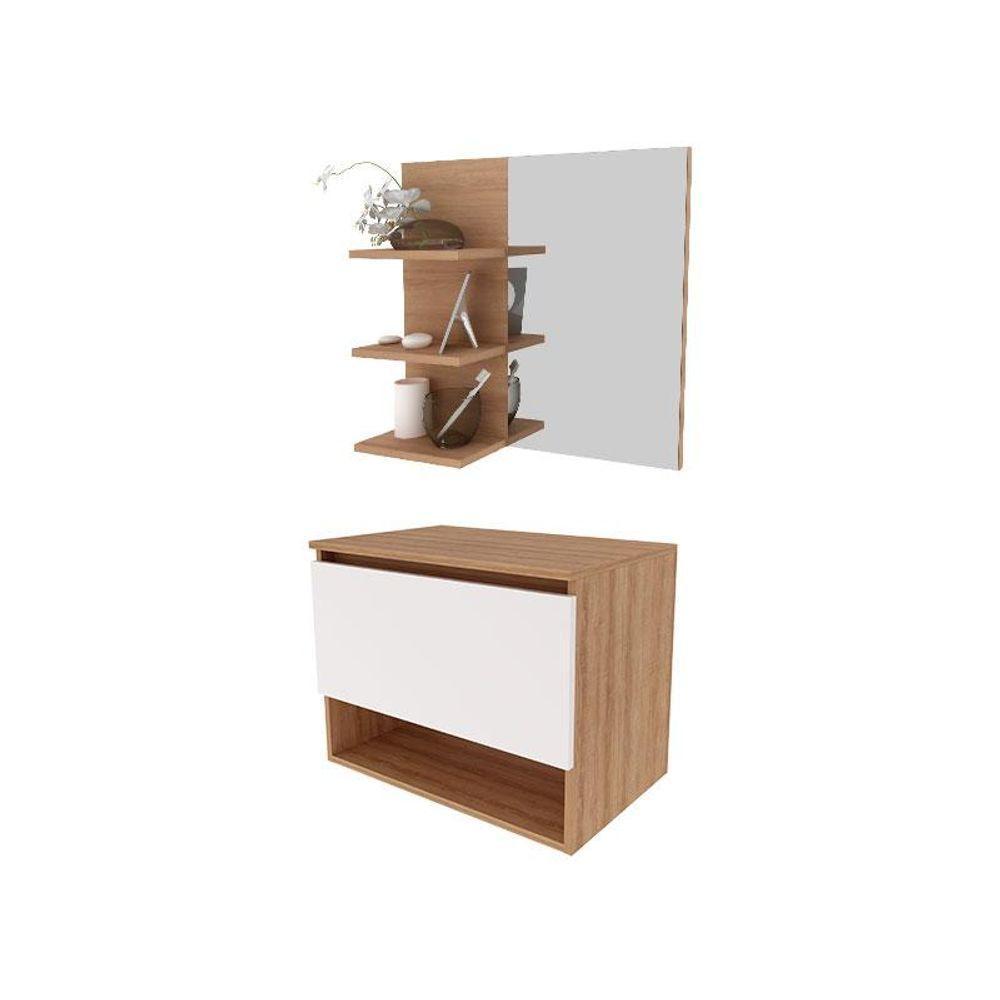 Balcão Gabinete Suspenso Bn3606 Com Espelho Para Banheiro Bn3608 Amendoa Branco - Tecnomobili - 1