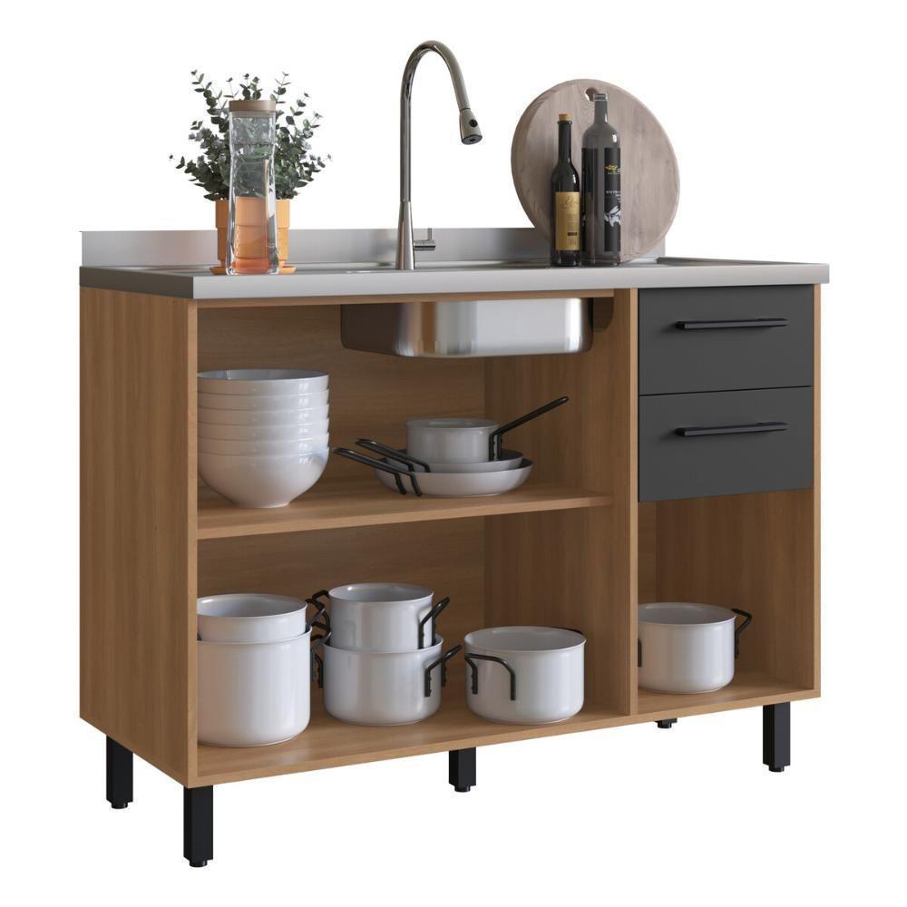 Balcão De Cozinha Gabinete Pia 120cm 3 Portas E 2 Gavetas Havana Multimóveis Cr20310 Rovere/grafite - 2