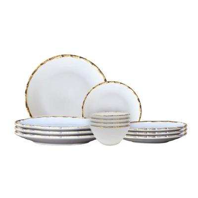 Jogo 12 Pratos Raso 12 Fundos 12 Sobremesa 12 Bowls Borda Bambu Cerâmica 1ª Linha Scalla