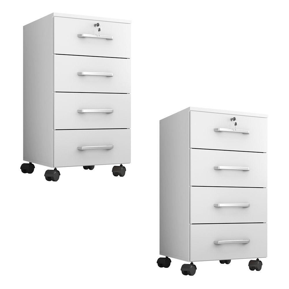 Gaveteiro Escritório 4 Gavetas Com Rodízios Kit 2 Gávea Branco Trama - 1