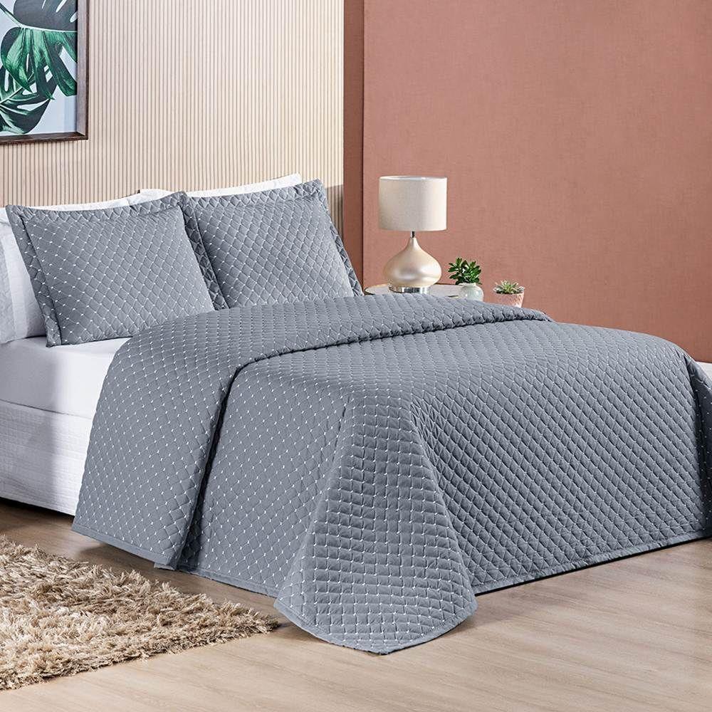 Cobre Leito King Ravena Bordado Micropercal 200 Fios 3 Peças - Cinza - 1