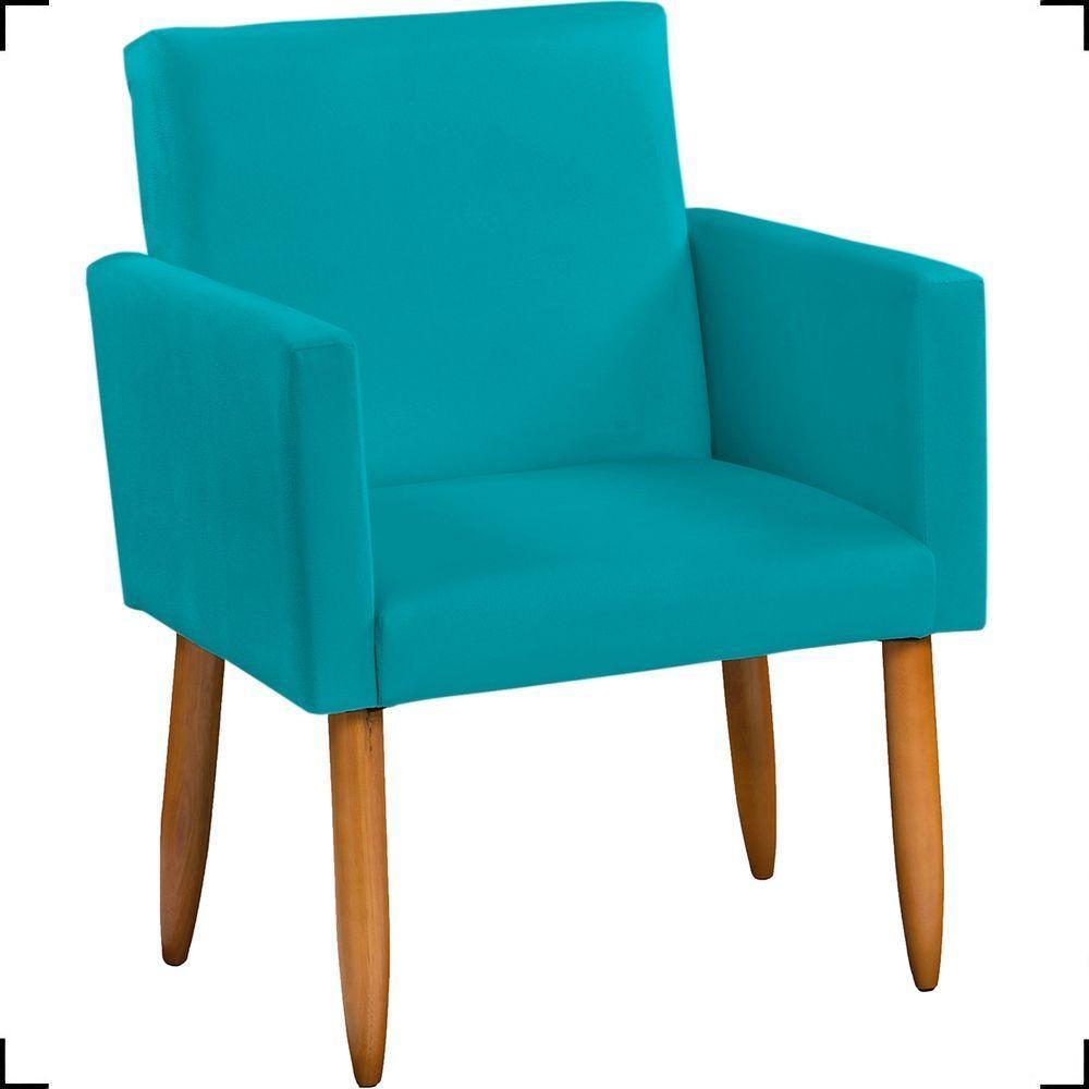 Poltrona Decorativa Para Sala Nina Suede Cores Pé Palito Castanho - Azul-turquesa, Suede - 1