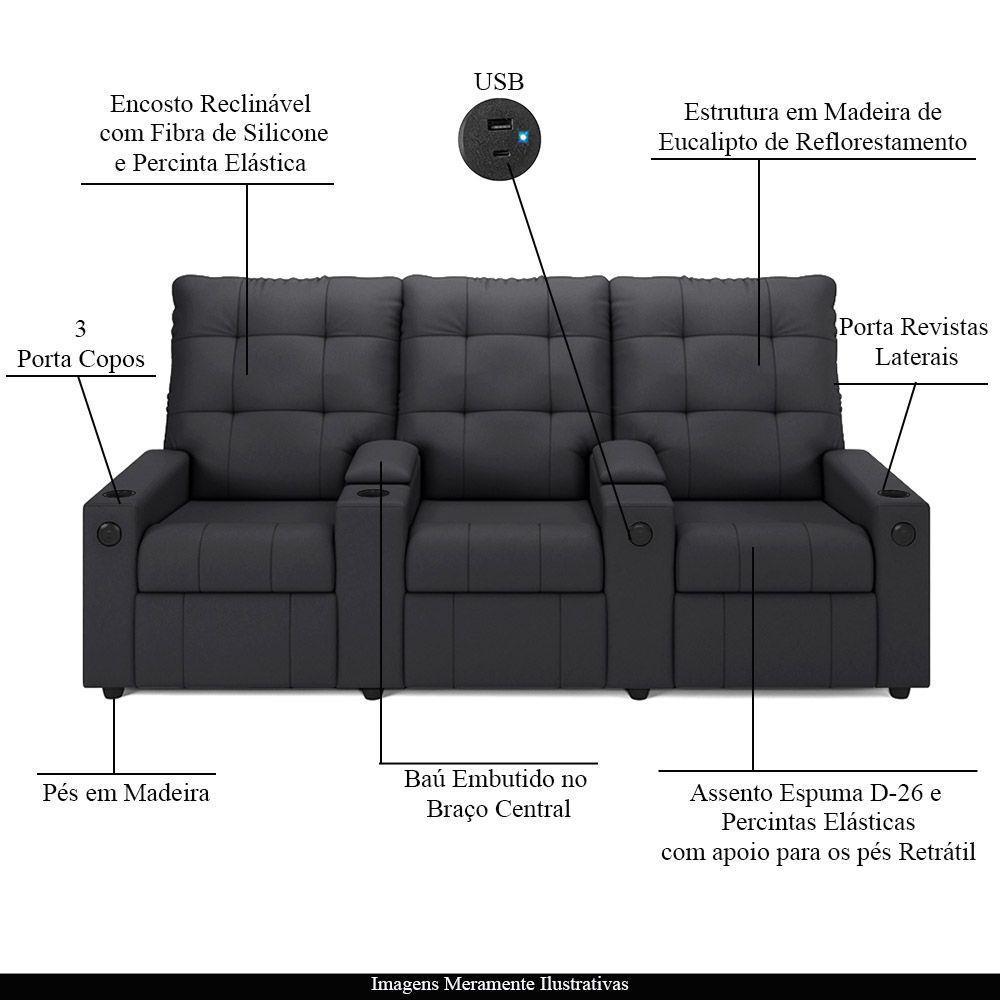 Poltrona Reclinável Para Cinema Parma 3 Lugares Baú Usb Veludo Fh1 - D\'rossi Cor Preto - 4