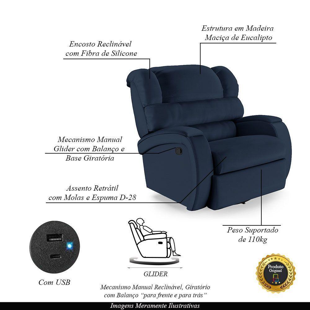 Poltrona Do Papai Reclinável Napoli Glider Giratória Usb Pu Fh1 - D\'rossi Cor Azul - 6