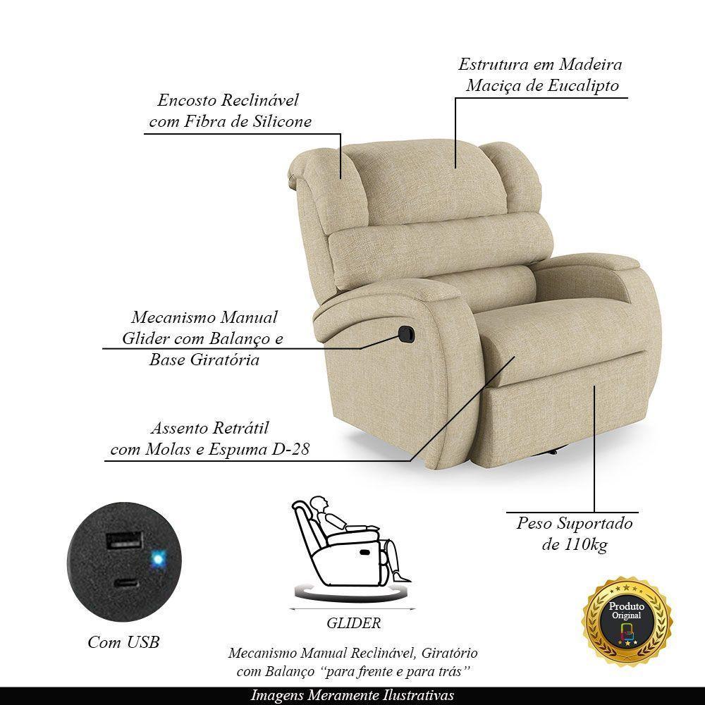 Poltrona Do Papai Reclinável Napoli Glider Giratória Usb Linho Bege Fh1 - D\'rossi - 6
