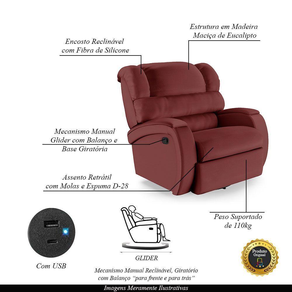 Poltrona Do Papai Reclinável Napoli Glider Giratória Usb Pu Vermelho Fh1 - D\'rossi - 6