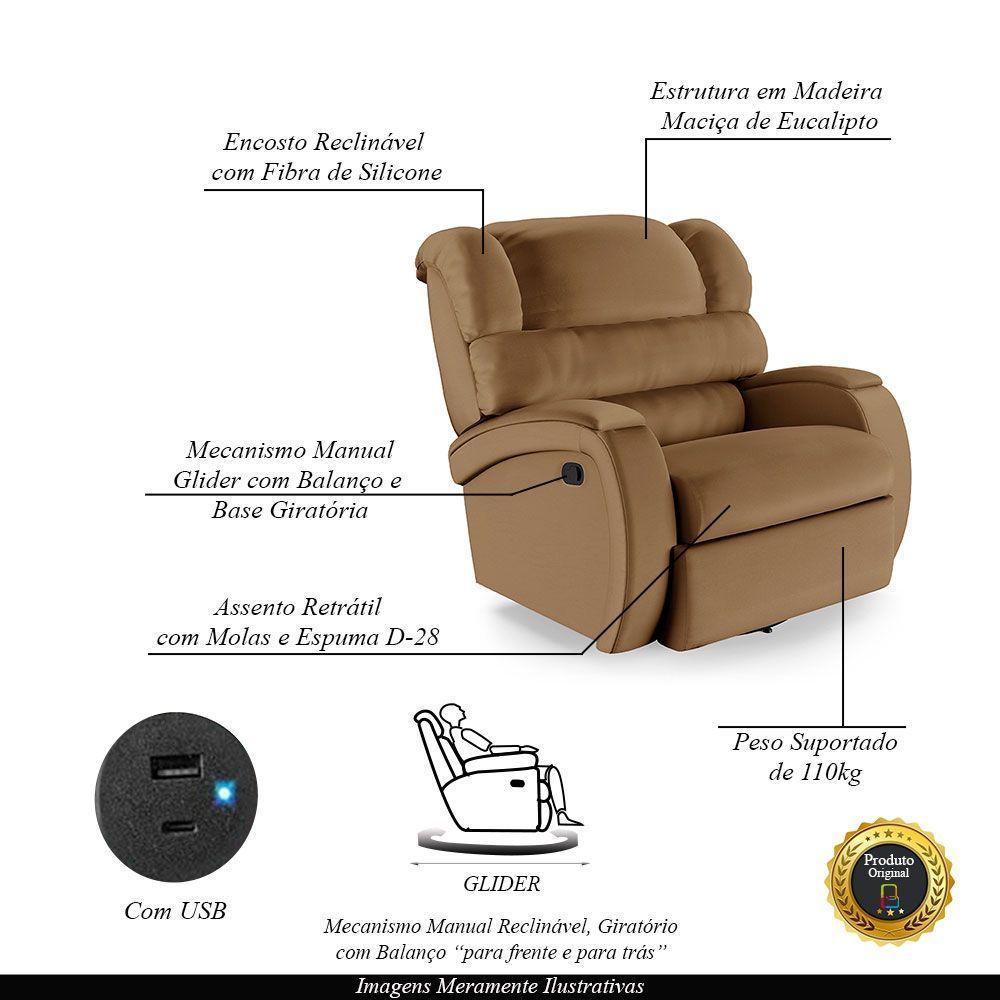 Poltrona Do Papai Reclinável Napoli Glider Giratória Usb Pu Caramelo Fh1 - D\'rossi - 6
