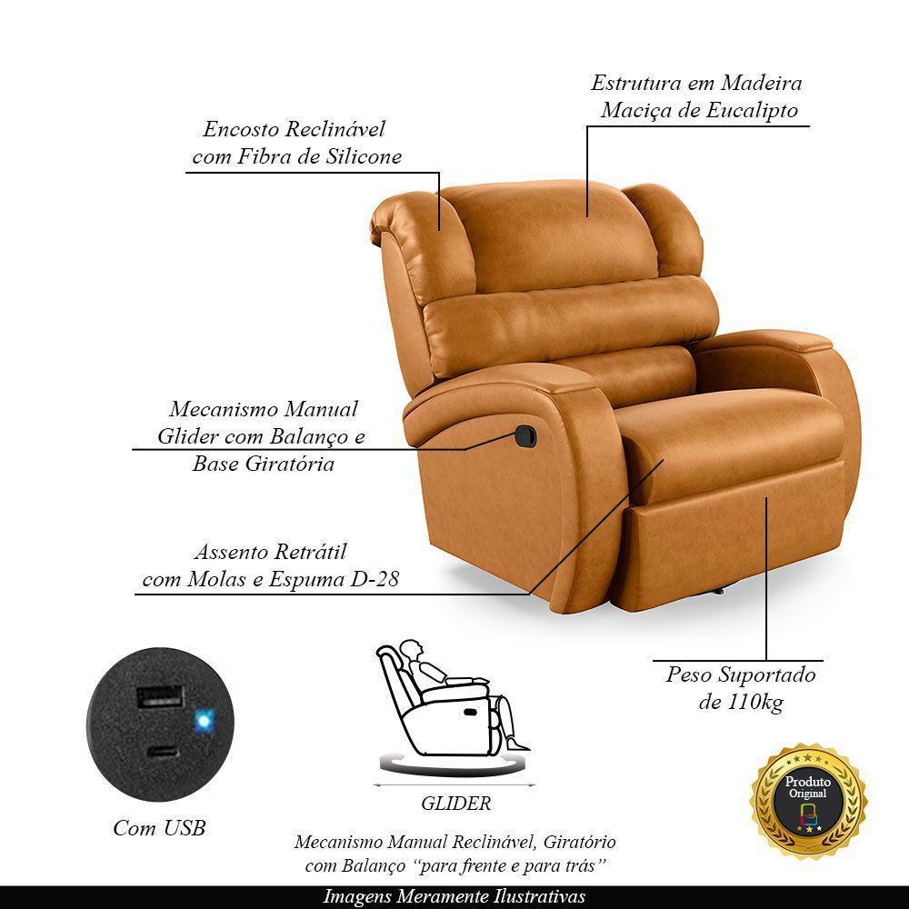 Poltrona Do Papai Reclinável Napoli Glider Giratória Usb Pu Whisky Fh1 - D\'rossi - 6