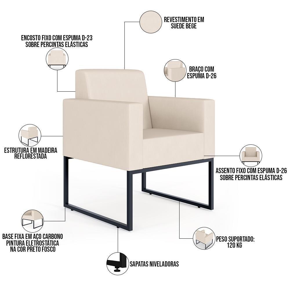 Poltrona Decorativa Para Sala De Estar Recepção Base Fixa De Metal Helô L02 Suede Bege - 7