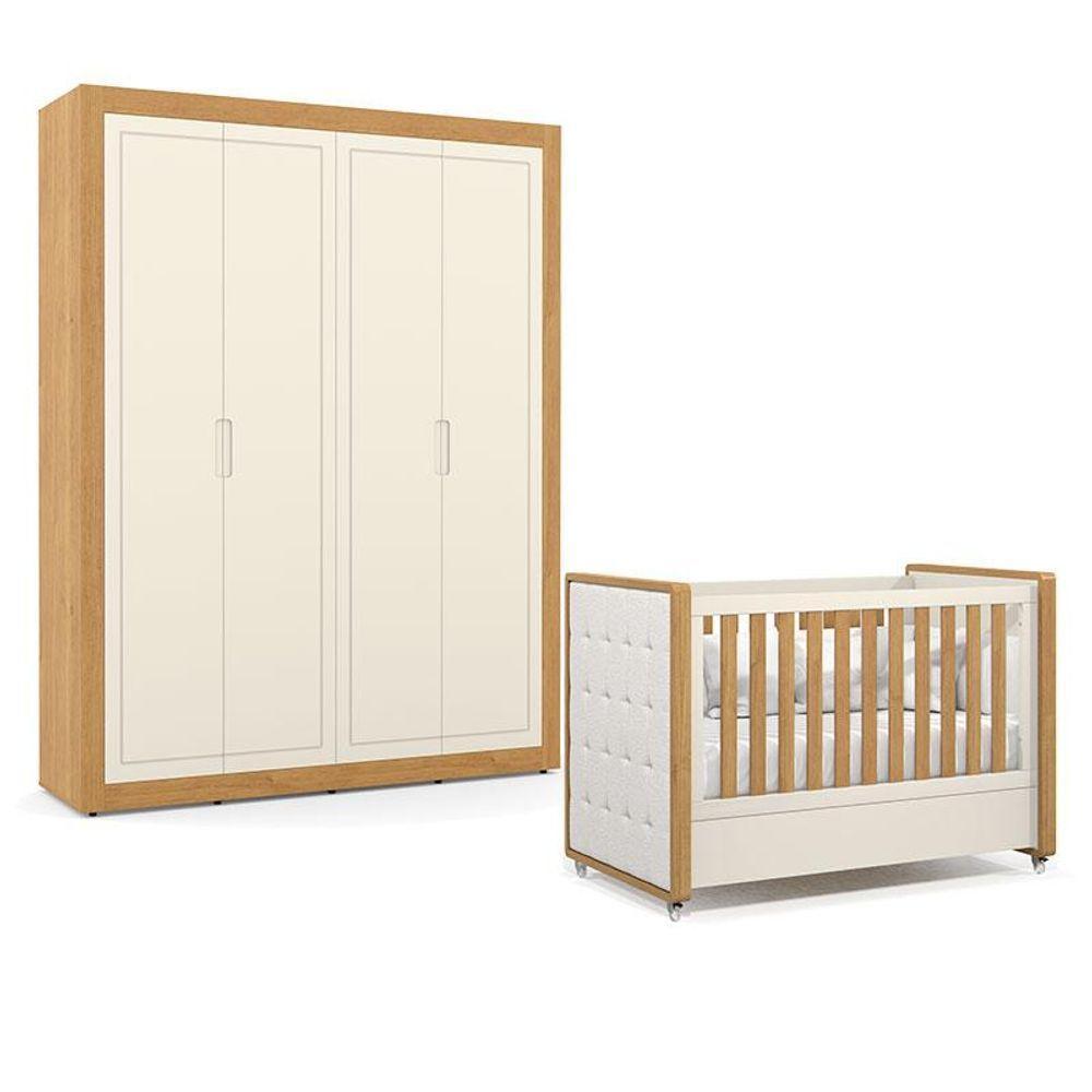 Berço Americano Com Capitonê New Boucle E Guarda Roupa Tutto New 4 Portas Freijó Off White - Matic - 1