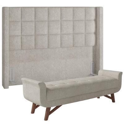 Kit Cabeceira Cama Box King Paris com Puff Recamier Itália P05 Tecido Bouclê Creme
