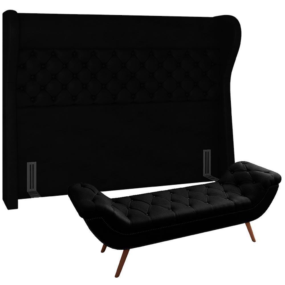Kit Cabeceira Cama Box Casal 140cm Madrid Com Puff Recamier Santorini Couríssimo Preto - 1