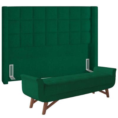 Kit Cabeceira Cama Box Paris 160cm Fixação no Box Madeira Maciça Estofada em Veludo Verde