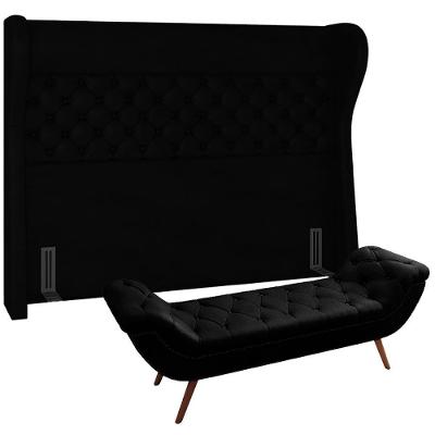 Kit Cabeceira Cama Box Casal Queen Madrid com Puff Recamier Santorini Courino Preto