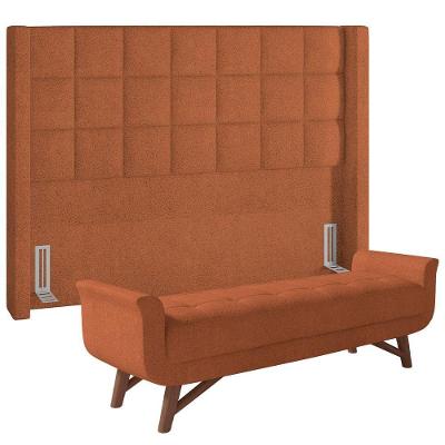 Kit Cabeceira Cama Box Paris 140cm com Puff Recamier Itália Estofada Madeira Maciça Veludo Terracota