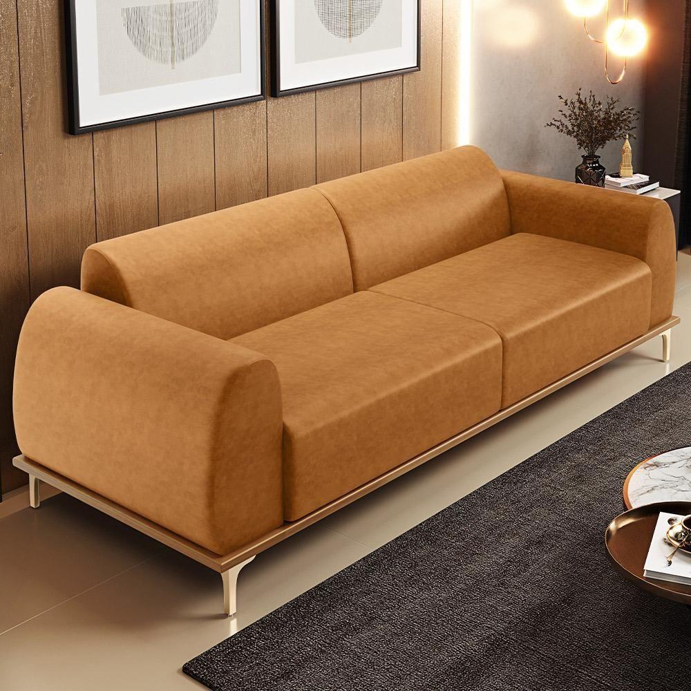 Sofá 3 Lugares Kiev 210cm D02 Base Castanho Pés D'ouro Couríssimo Whisky B-90 - 7