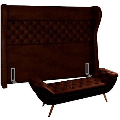 Kit Cabeceira Cama Box Casal Madrid 160cm com Puff Recamier Madeira Maciça Couro Sintético Marrom