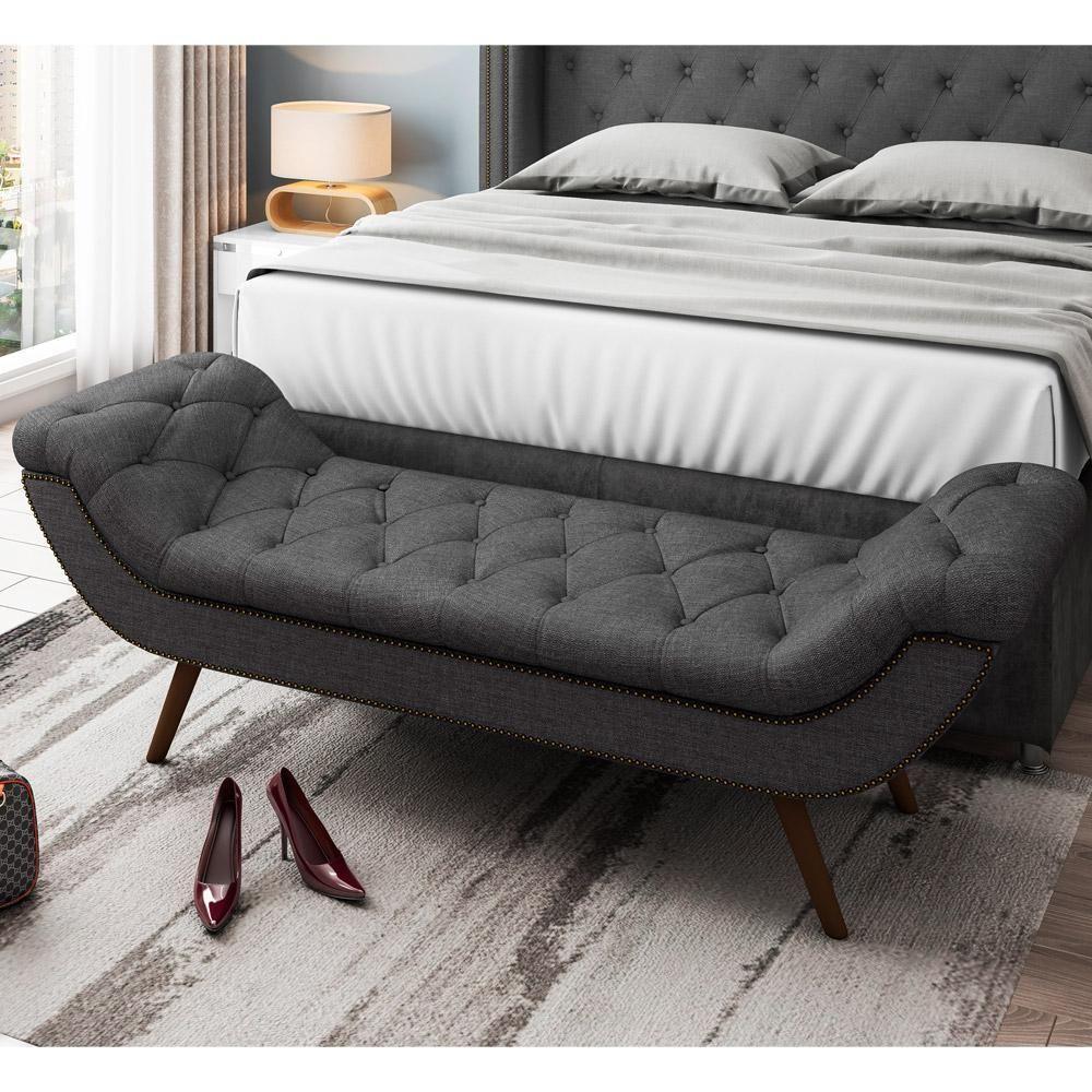 Kit Cabeceira Cama Box Casal 195cm Madrid Com Puff Recamier Santorini Linho Chumbo - 7