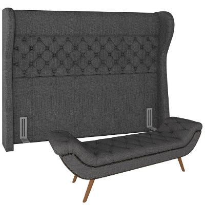 Kit Cabeceira Cama Box Casal Madrid 195cm com Puff Recamier Santorini Linho Cinza