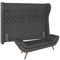Kit Cabeceira Cama Box Casal 195cm Madrid Com Puff Recamier Santorini Linho Chumbo - 1