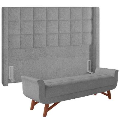 Kit Cabeceira Cama Box Queen Paris com Puff Recamier Itália P05 Bouclê Cinza