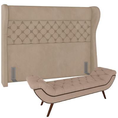 Kit Cabeceira Cama Box Casal Queen Madrid com Puff Recamier Santorini em Veludo Bege