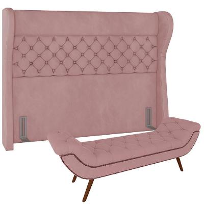 Kit Cabeceira Cama Box Casal Madrid 160cm Estrutura Madeira Maciça Veludo Rosê