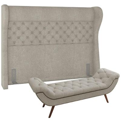 Kit Cabeceira Cama Box Casal 160cm Madrid com Puff Recamier Santorini Bouclê Creme