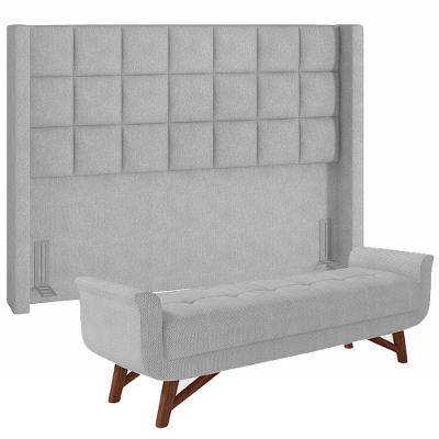 Kit Cabeceira com Puff Recamier Paris 158cm Casal em Linho com Estrutura de Madeira Cinza