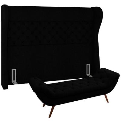 Kit Cabeceira Cama Box Casal 195cm Madrid com Puff Recamier Santorini Bouclê Preto