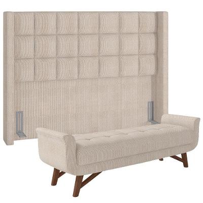 Kit Cabeceira Cama Box Casal Paris 140 cm Estrutura Madeira Maciça Revestimento Linho Creme