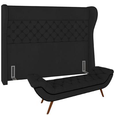 Kit Cabeceira Cama Box Casal 160cm Madrid com Puff Recamier Santorini Veludo Preto