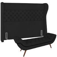 Kit Cabeceira Cama Box Casal 160cm Madrid Com Puff Recamier Santorini Veludo Preto - 1