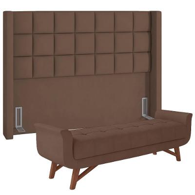 Kit Cabeceira Cama Box Casal com Puff Recamier Paris 158cm para Colchão em Veludo Estrutura
