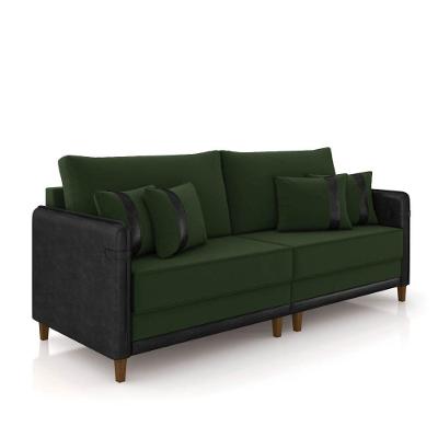 Sofá 3 Lugares Living 212cm Pé Madeira Valença Pto/veludo Verde K01 - D\'rossi
