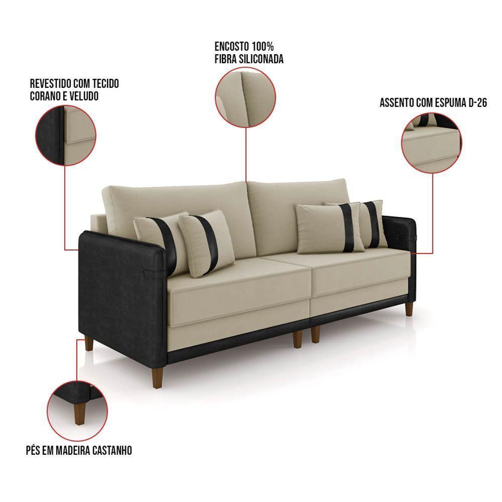 Sofá 3 Lugares Living 212cm Pé Madeira Valença Pto/veludo K01 - D\'rossi Cor Bege - 5