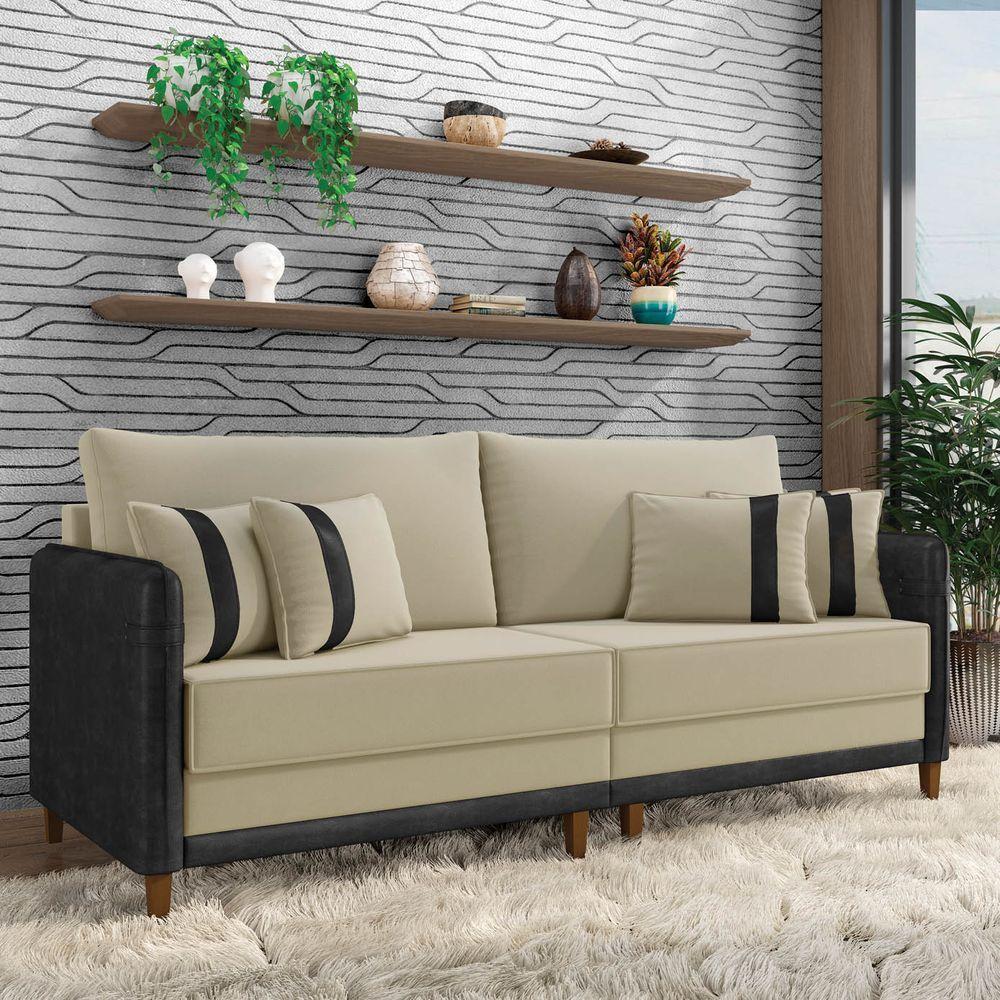 Sofá 3 Lugares Living 212cm Pé Madeira Valença Pto/veludo K01 - D\'rossi Cor Bege - 6