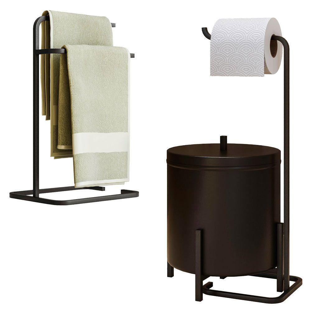 Kit Porta Toalha De Rosto Lixeira 6l E Porta Papel Higiênico Eleganza Metal Preto - 1