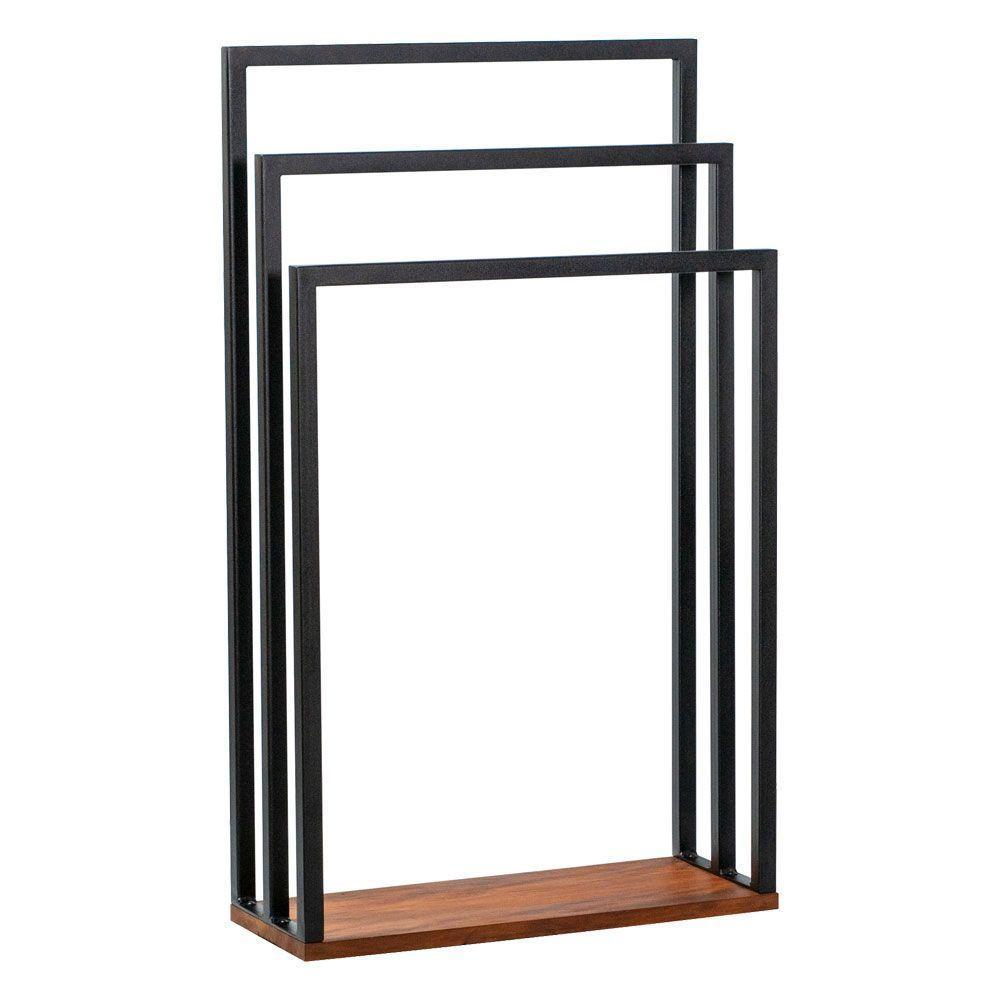 Porta Toalha Para 3 Toalhas Eleganza 50 Cm Metal Preto E Madeira - 1