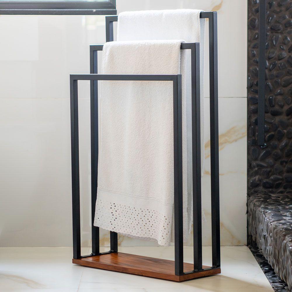 Porta Toalha Para 3 Toalhas Eleganza 50 Cm Metal Preto E Madeira - 2
